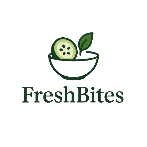 FreshBites logo featuring a cucumber slice in a bowl with a green leaf, representing a women-led blog focused on trending cucumber salad recipes in the USA