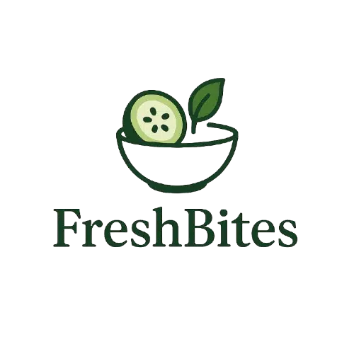 FreshBites logo featuring a cucumber slice in a bowl with a green leaf, representing a women-led blog focused on trending cucumber salad recipes in the USA