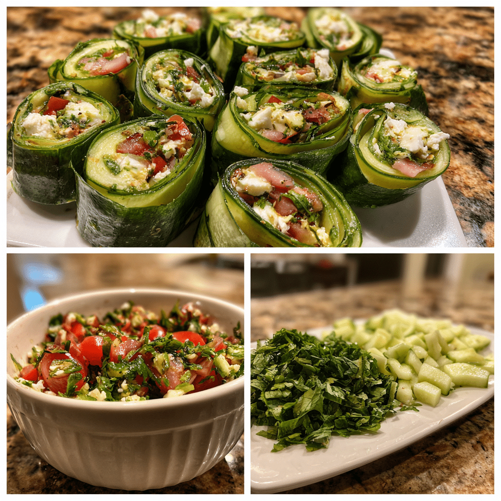 Cucumber wrap salad with cherry tomatoes, spring mix, and balsamic vinaigrette served on a white plate