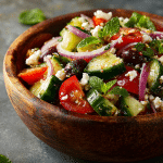 Mediterranean cucumber salad in bowl with fresh vegetables