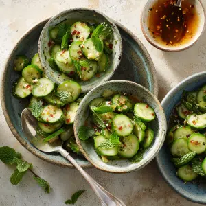 Mediterranean cucumber salad served in ceramic bowls with herbs