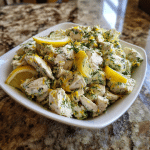 Lemon Dill Chicken Salad recipe card with ingredients and instructions